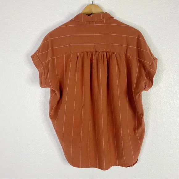 Mod Ref Orange Striped Linen Cotton Button Front Blouse Top - Picture 7 of 7